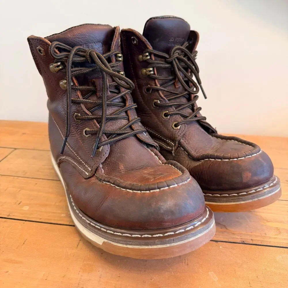 Safety Loong Men's Moc Toe Work Boots Size 11.5 Brown Leather Wedge Sole